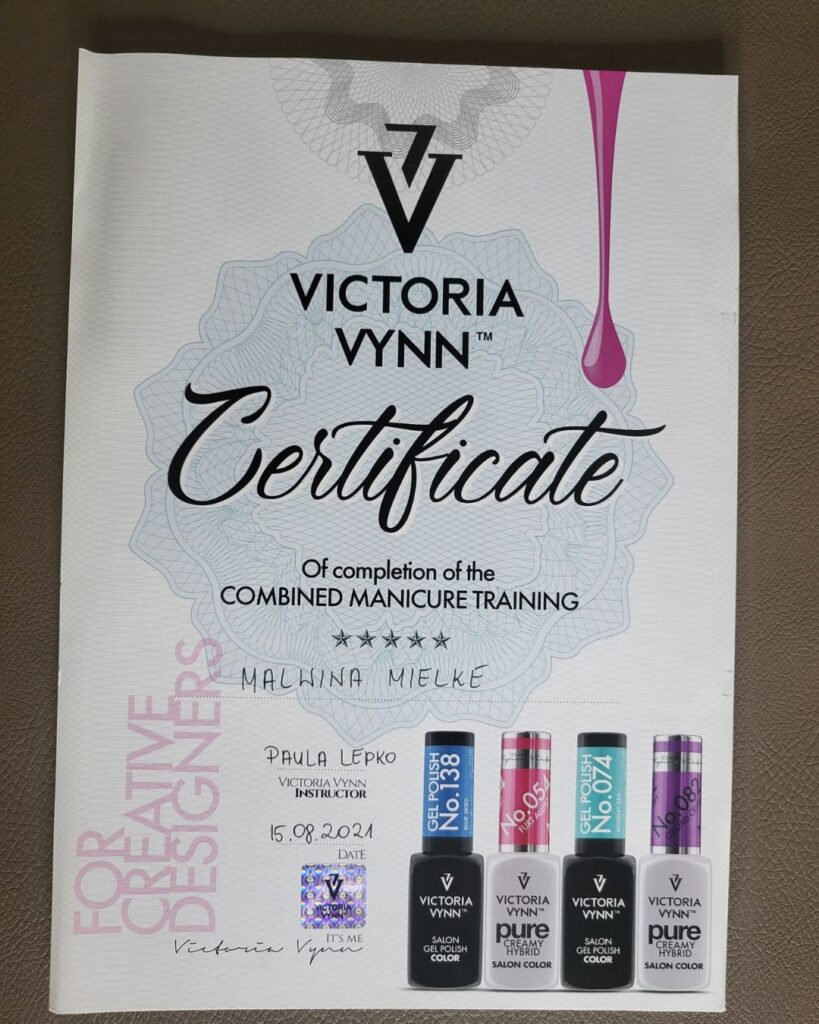 Certyfikat szkoleniowy Victoria Vynn.